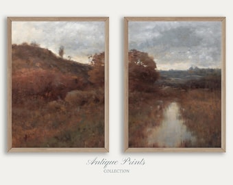 Vintage Fall 2 Pieces Wall Art, Set of 2 Autumn Countryside Painting, Farmhouse Decor, Fall Landscape Split Prints - PRINTABLE