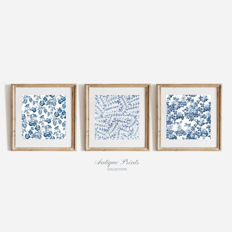 Chinoiserie Wall Art, Blue and White Set of 3 Square Prints, Vintage ...
