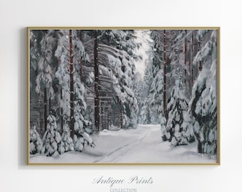 Kunstdruck auf dem Bauernhof, antiker Winterwald, Druck auf dem Bauernhof, Schneelandschaft, Feiertagsdekor, Schneelandschaft - PRINTABLE
