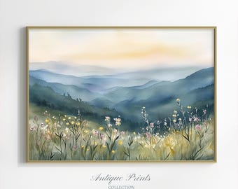 Floral Landscape Print, Watercolor Country Painting, Cottage Wall Art, French Country Painting, Farmhouse Decor - PRINTABLE