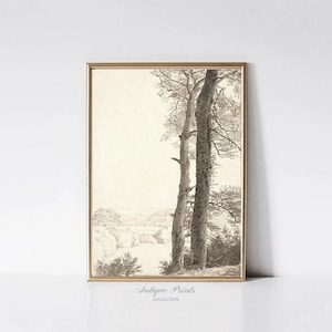 Printable Forest Sketch Art,  Vintage Landscape Drawing, Antique Nature Print, Neutral Country Sketch, Rustic Farmhouse Decor - PRINTABLE