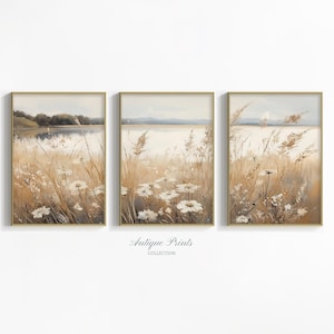 Neutral Wildflower Field Set of 3 Prints, Muted Country 3 Pieces Vintage Wall Art, Landscape Painting, Spring Farmhouse Decor - PRINTABLE