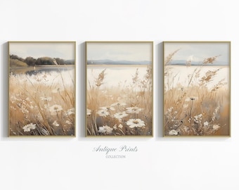 Neutral Wildflower Field Set of 3 Prints, Muted Country 3 Pieces Vintage Wall Art, Landscape Painting, Spring Farmhouse Decor - PRINTABLE