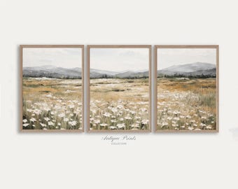 Neutral Wildflower Field Set of 3 Prints, Muted Country 3 Pieces Vintage Wall Art, Landscape Painting, Spring Farmhouse Decor - PRINTABLE