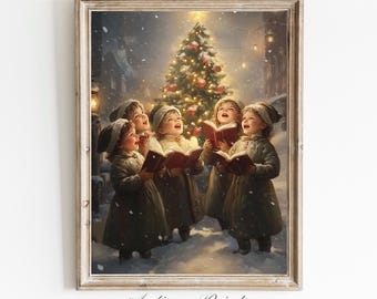 May include: A framed print depicts a group of children singing carols in the snow. They are wearing winter coats and hats, holding red books, with a decorated Christmas tree in the background. The print has a vintage aesthetic, with the text "Antique Prints Collection" at the bottom.