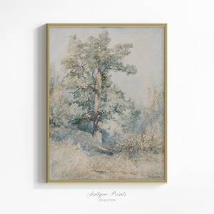 Watercolor Countryside Vintage Painting, Trees Landscape Antique Vertical Wall Art, Cottage Wall Decor, Nature Landscape Wall Art- PRINTABLE