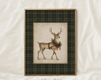 Christmas Reindeer Wall Art, Green Tartan Plaid Print, Winter Holiday Decor (Digital Download)
