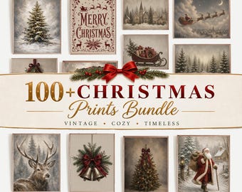 Vintage Christmas Prints Bundle 100+, Snowy Winter Landscape, Santa Claus, Festive Holiday Decor (Digital Download)