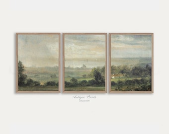 Countryside 3 Pieces Vintage Wall Art, Vintage Country Painting, Sunset Landscape Set of 3 Split Print, Farmhouse Decor - PRINTABLE