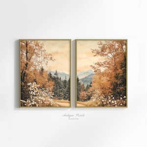 Herbstwald 2 Stück Wandkunst, Berglandschaft 2 Stück Split Prints, Herbst Landschaft Malerei, rustikale Bauernhaus Dekoration - DRUCKBAR