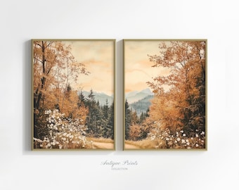 Fall Forest 2 Pieces Wall Art, Mountain Landscape Set of 2 Split Prints, Autumn Countryside Painting, Rustic Farmhouse Decor - PRINTABLE