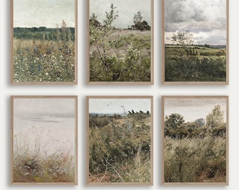 Wildflower Field Set of 6 Prints, Country 6 Pieces Vintage Wall Art, Landscape Painting, Neutral Gallery Wall, Farmhouse Decor - PRINTABLE