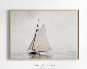 Segelboot-Vintagedruck, gedämpftes Segeln DIGITAL-Druck, nautische Aquarellmalerei, neutrale Seelandschaft, antike minimalistische feine Kunst