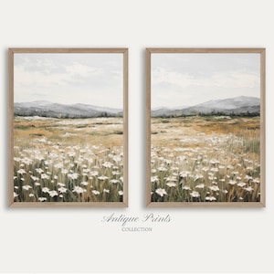 Muted Wildflower Field Set of 2 Prints, Neutral Country 2 Pieces Vintage Wall Art, Landscape Painting, Spring Farmhouse Decor - PRINTABLE