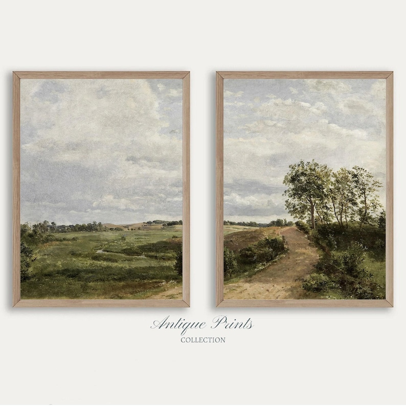 Cuadro neutro, conjunto de 2 impresiones divididas, paisaje, 2 piezas, arte de pared vintage, impresión campestre, decoración de granja - IMPRIMIBLE imagen 1