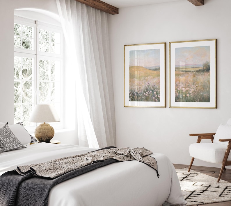 Floral Landscape Set of 2 Split Print, Printable French Country 2 Pieces Wall Art, Wildflower Painting, Neutral Farmhouse Decor - PRINTABLE image 5
