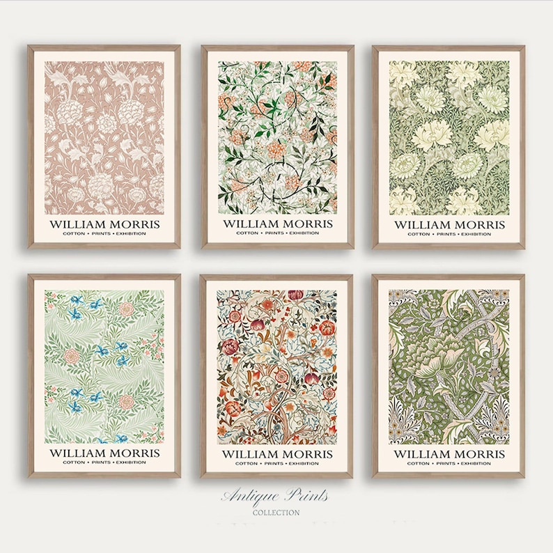 William Morris Prints Vintage, PRINTABLE Neutral William Morris Gallery Wall Set, Set of 6 Exhibition Poster, Flowers Pattern 6 Wall Art image 1