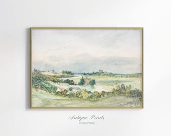 Vintage Countryside Watercolor Painting, Neutral Farmhouse Wall Art (Printable)