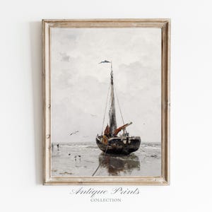 Stimmungsvolles nautisches antikes Wandbild, Segelboot-Aquarellmalerei, Vintage-Meerblickdruck, Segelwandkunst - DRUCKBAR