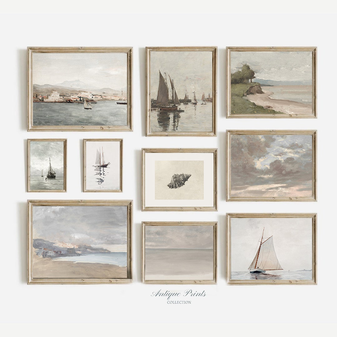 Vintage Set of 10 Seascape Prints, Antique Neutral Coastal 10 Pieces ...