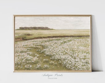 Flowery Meadow Oil Painting, Antique Countryside Print, Vintage Spring Landscape Large Wall Art, Farmhouse Wall Decor -  Printable