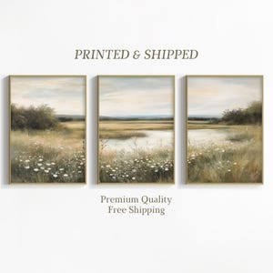 Neutral Wildflower Field Set of 3 Prints, Muted Country Landscape 3 Pieces Wall Art, Pond Painting, Spring Farmhouse Decor, Mailed Art Print