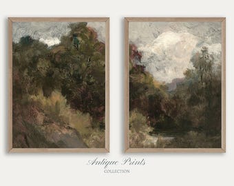 Arte de pared vintage de 2 piezas "Moody Country", paisaje forestal, juego de 2 impresiones divididas, pintura campestre, decoración rústica de granja - IMPRIMIBLE