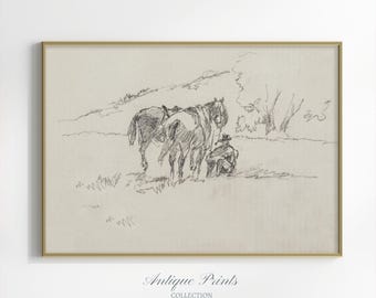 Horse Drawing, Western Wall Decor, Vintage Cowboy Sketch, Horse Wall Art, Equestrian Painting, Antique Farmhouse Decor - PRINTABLE