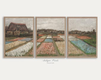 Tulips Field Set of 3 Prints, Neutral Country 3 Pieces Vintage Wall Art, Landscape Painting, Spring Farmhouse Decor - PRINTABLE