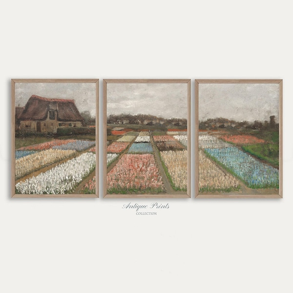Juego de 3 impresiones de campo de tulipanes, arte de pared vintage de 3 piezas con temática campestre neutra, pintura de paisaje, decoración de granja primaveral - IMPRIMIBLE