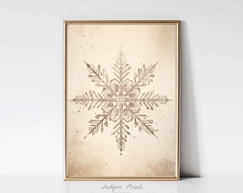 Snowflake Wall Art, Christmas Vertical Print, Golden Holiday Wall Art, Winter Theme Painting, Christmas Farmhouse Decor - PRINTABLE