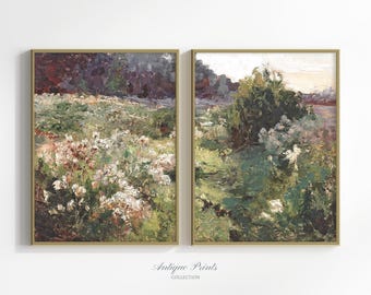 Flowery Meadow Painting, Landscape Set of 2 Split Print, Country 2 Pieces Vintage Wall Art, Countryside Print, Farmhouse Decor - PRINTABLE