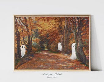 Cute Ghosts in the Forest Painting, Fall Spooky Halloween Print, Autumn Landscape Wall Art, Ghosts Halloween Decor, PRINTABLE