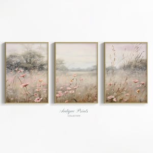 Wildflower Field Set of 3 Prints, Printable Neutral Country 3 Pieces Wall Art, Landscape Painting, Muted Floral Print, Farmhouse Decor
