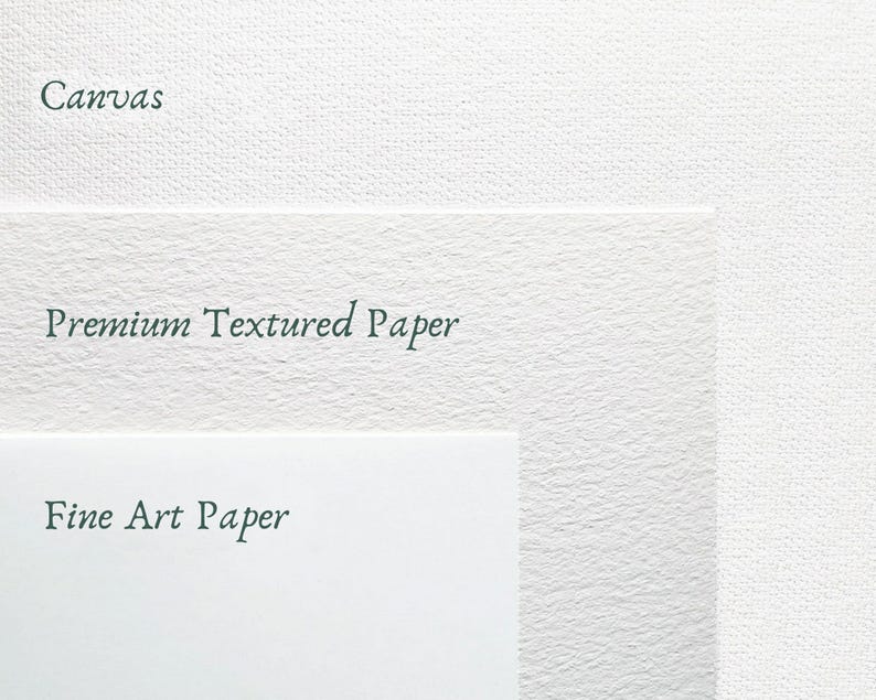 May include: Close-up of three different surfaces: canvas, premium textured paper, and fine art paper. The surfaces are white and have a subtle texture.