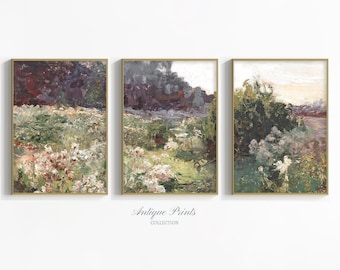 Neutral Meadow Printable 3 Pieces Wall Art, Vintage Country Painting, Countryside Flowers Set of 3 Split Print, Farmhouse Decor - PRINTABLE