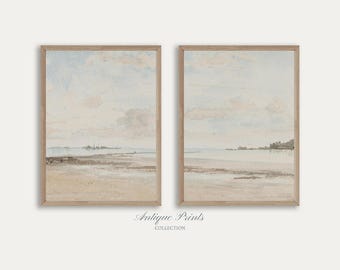 Vintage Watercolor Seascape Wall Art, Muted Coastal Set of 2 Painting, Antique Beach Landscape Print, Neutral Cottage Decor - PRINTABLE
