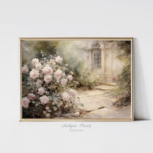 Roses Garden Painting, Vintage Cottage Neutral Wall Art, Antique Floral Print, Spring Farmhouse Wall Decor - PRINTABLE