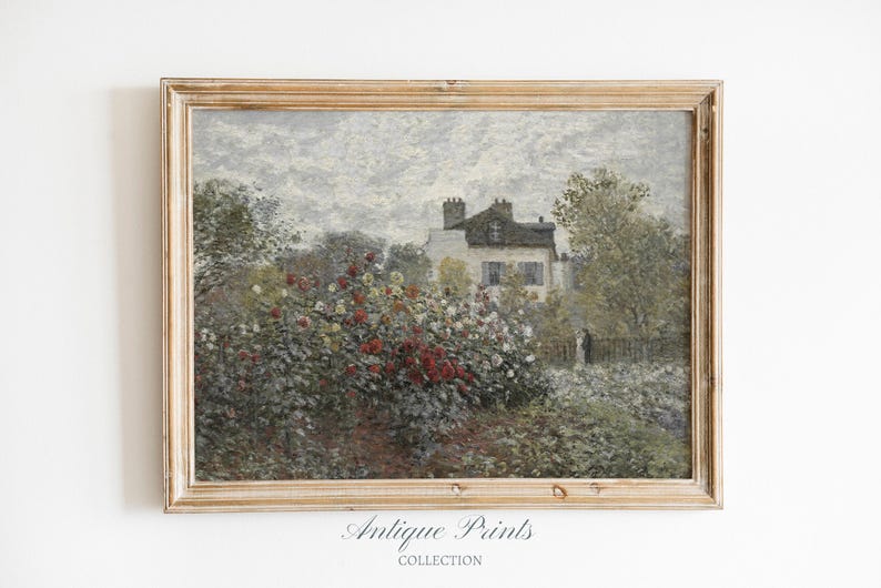 Vintage Cottage Oil Painting, Rose Garden Wall Art, Summer Muted Print ...