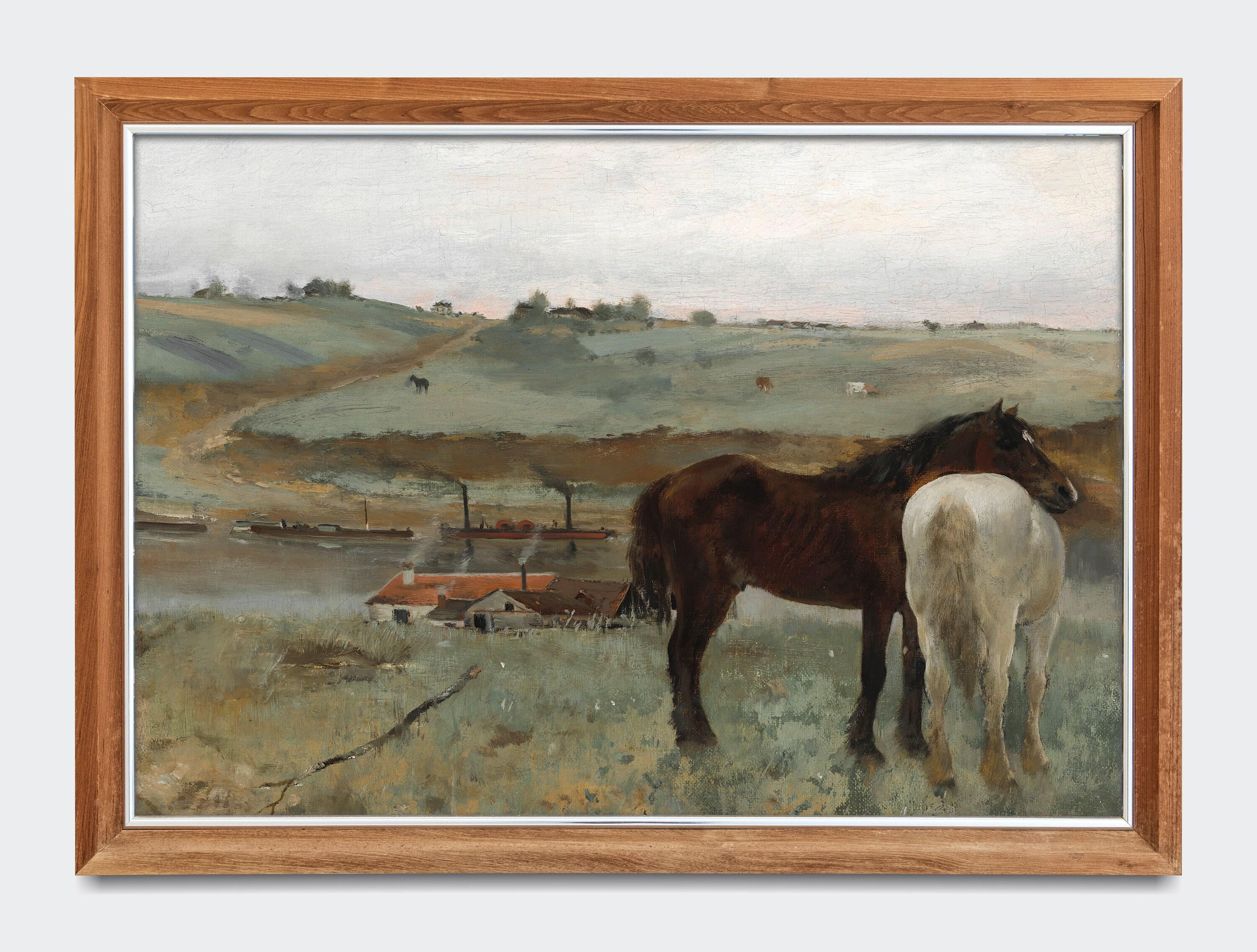 草原の馬のヴィンテージウォールアート、馬術油絵、素朴なアンティーク