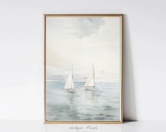 Segelboot Druck, Muted Küsten druckbare Wandkunst, Vintage nautische Aquarellmalerei, neutrale Meerlandschaft Wandkunst, antike vertikale Kunst