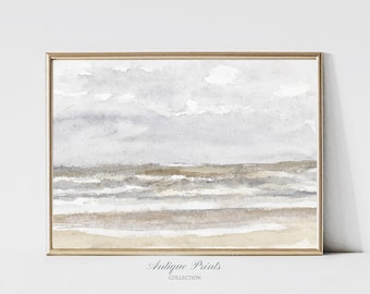 Aquarel kustschildering, vintage gedempt zeegezicht muurkunst, antieke strandlandschap print, neutraal strandhuisje decor - AFDRUKBAAR