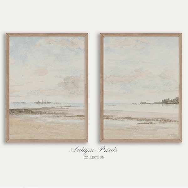 Arte della parete del paesaggio marino dell'acquerello vintage, set costiero silenzioso di 2 dipinti, stampa di paesaggi di spiaggia antica, arredamento cottage neutro - STAMPABILE