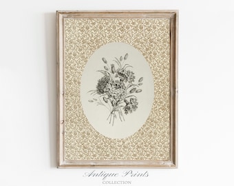 Arte mural floral vintage neutro, arte infantil campestre, dibujo floral imprimible, impresión de patrón botánico antiguo, arte digital descargable.
