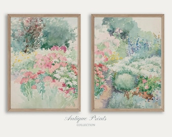 Spring 2 Pieces Wall Art, Vintage Floral Landscape Set of 2 Split Print, Watercolor Neutral Summer Painting, Nursery Decor - PRINTABLE