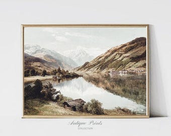 Arte murale con paesaggio montano vintage, dipinto antico di lago, stampa di campagna tenue, arredamento rustico da fattoria, stampa di montagna invernale STAMPABILE