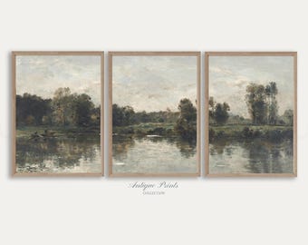 Vintage Pond Set of 3 Split Painting, Rustic Country Wall Decor, Antique Countryside Print, Landscape 3 Pieces Digital Wall Art - PRINTABLE
