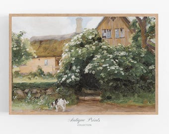 Landhaus Malerei, Vintage Landschaftsdruck, Frühlingsgarten, Antike Wandkunst, Landschaftsdruck, Bauernhaus-Dekor - DRUCKBAR