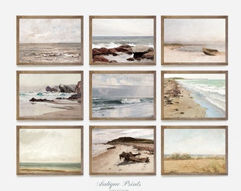 Seascape Gallery Wall Set PRINTABLE, Neutral Set of 9 Prints, Antique Coastal 9 Pieces Wall Art, Cottage Decor, Vintage Beach Painting