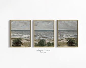 Seascape Set of 3 Split Prints, Coastal 3 Pieces Vintage Wall Art, Ocean Waves Painting, Antique Beach Cottage Decor - PRINTABLE